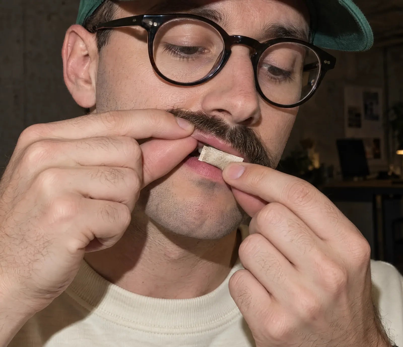 Ein Mann mit runder Brille legt sich einen WAVE Pouch unter die Lippe
