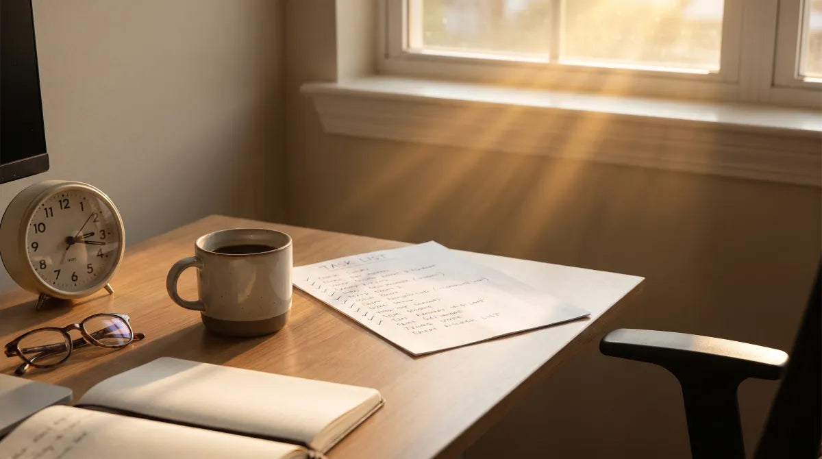 Schreibtisch am Nachmittag mit Kaffeetasse, Aufgabenliste und tief stehender Sonne