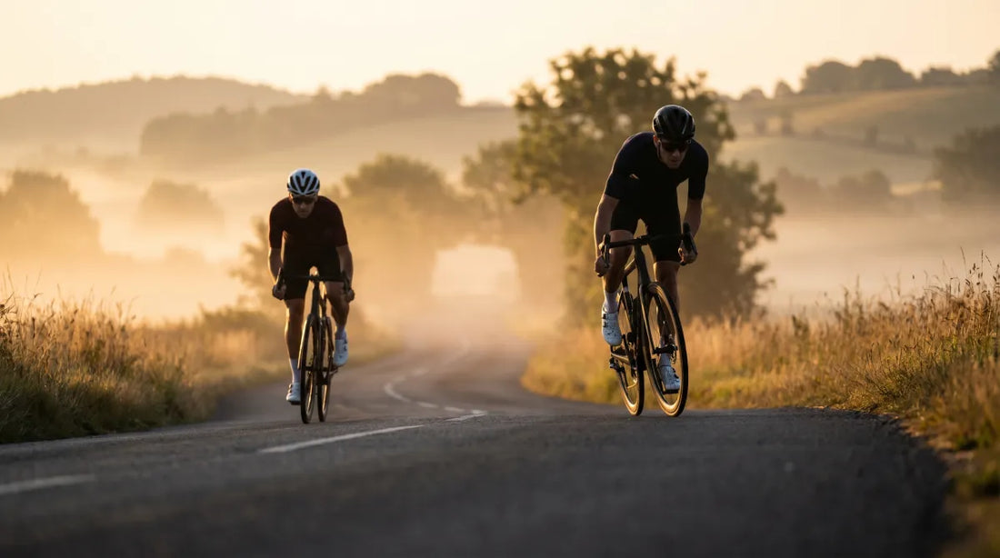 Rennradfahrer auf einer leeren Landstraße bei Sonnenaufgang in warmem goldenem Licht