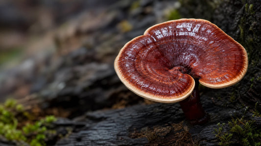 Nahaufnahme eines glänzenden Reishi-Pilzes auf einer dunklen natürlichen Oberfläche