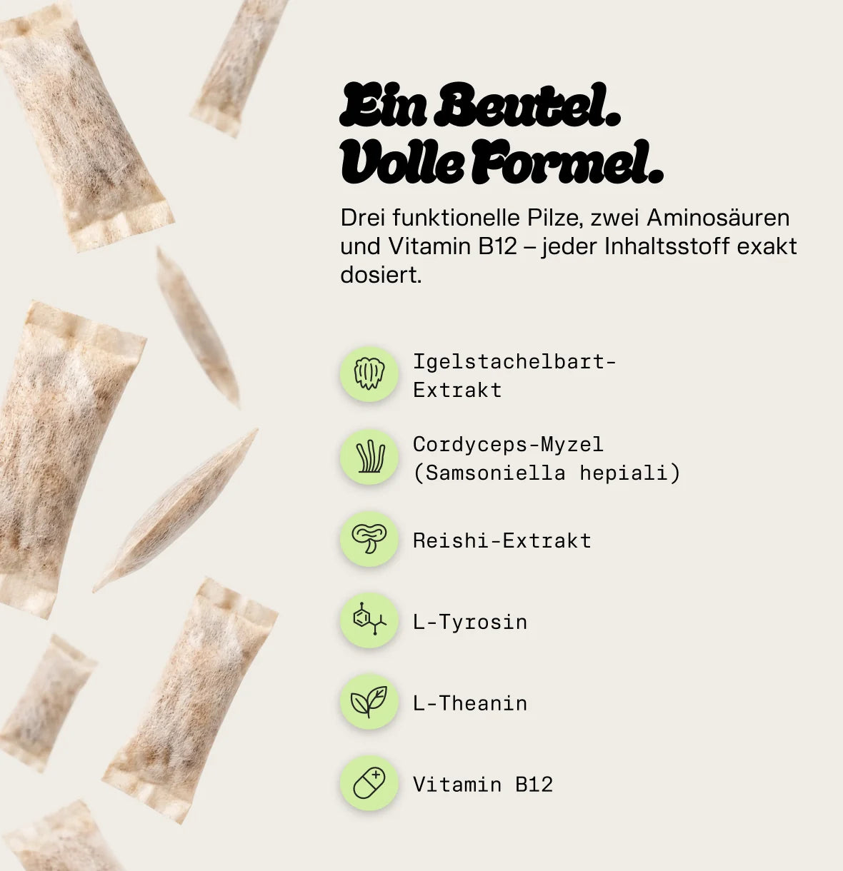 Ein Beutel, volle Formel: Igelstachelbart, Cordyceps, Reishi, L-Tyrosin, L-Theanin, Vitamin B12
