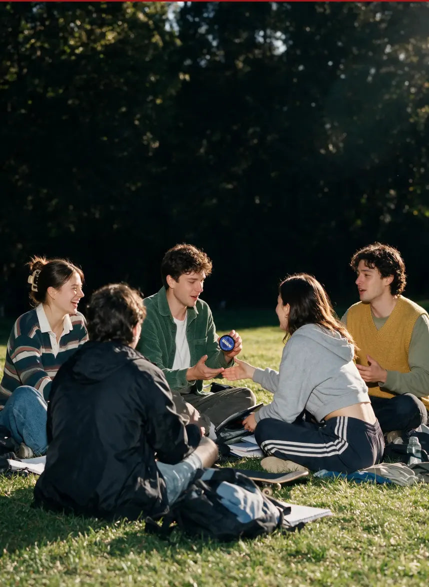 Freunde sitzen im Park auf dem Rasen und reichen eine Dose WAVE herum